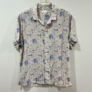 Porter & Ash Linen Blend Floral Button Up Shirt Men's XL White Blue Hawaiian